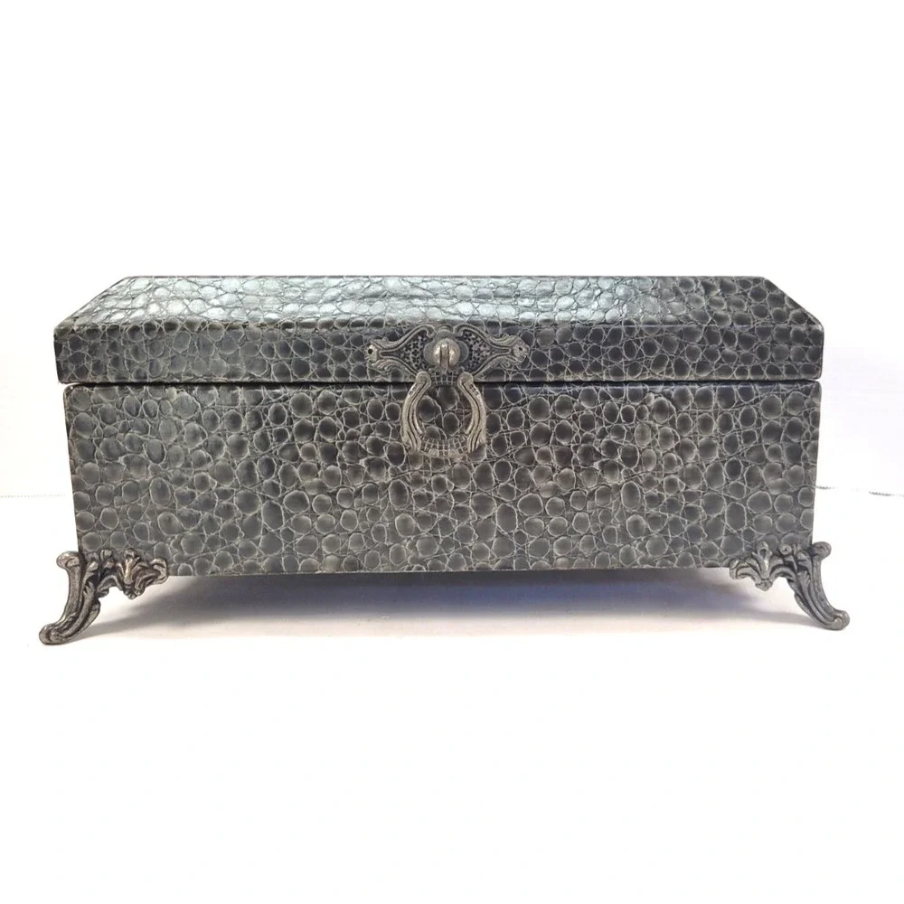 Jewery Chest Vintage Faux Croc Reptile Embossed Red Flocked inside.